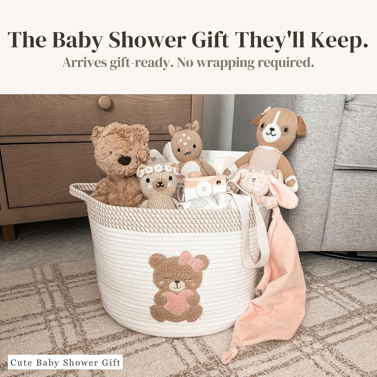 Pink Teddy Bear Baby Storage Basket, Cotton Rope Nursery Bin, 15x11 in