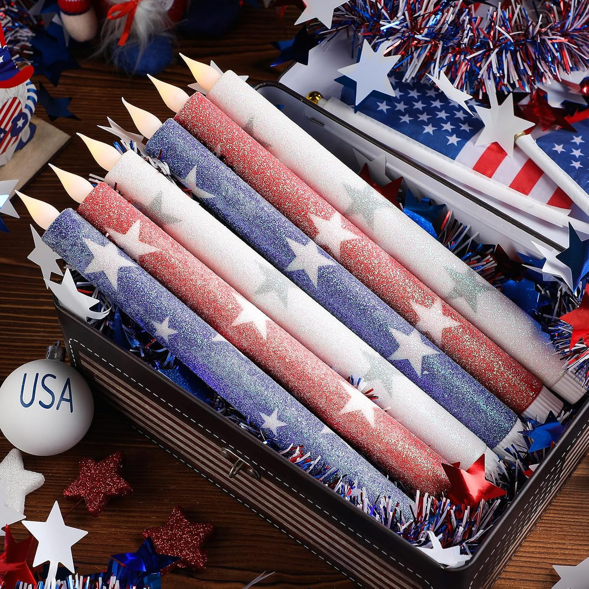 6 Pcs Patriotic Flameless Taper Candles, Glitter Red White and Blue Star Candles for 4th of July 250th Anniversary of Independence Day Home Party Decor, Battery Operated LED Candlesticks