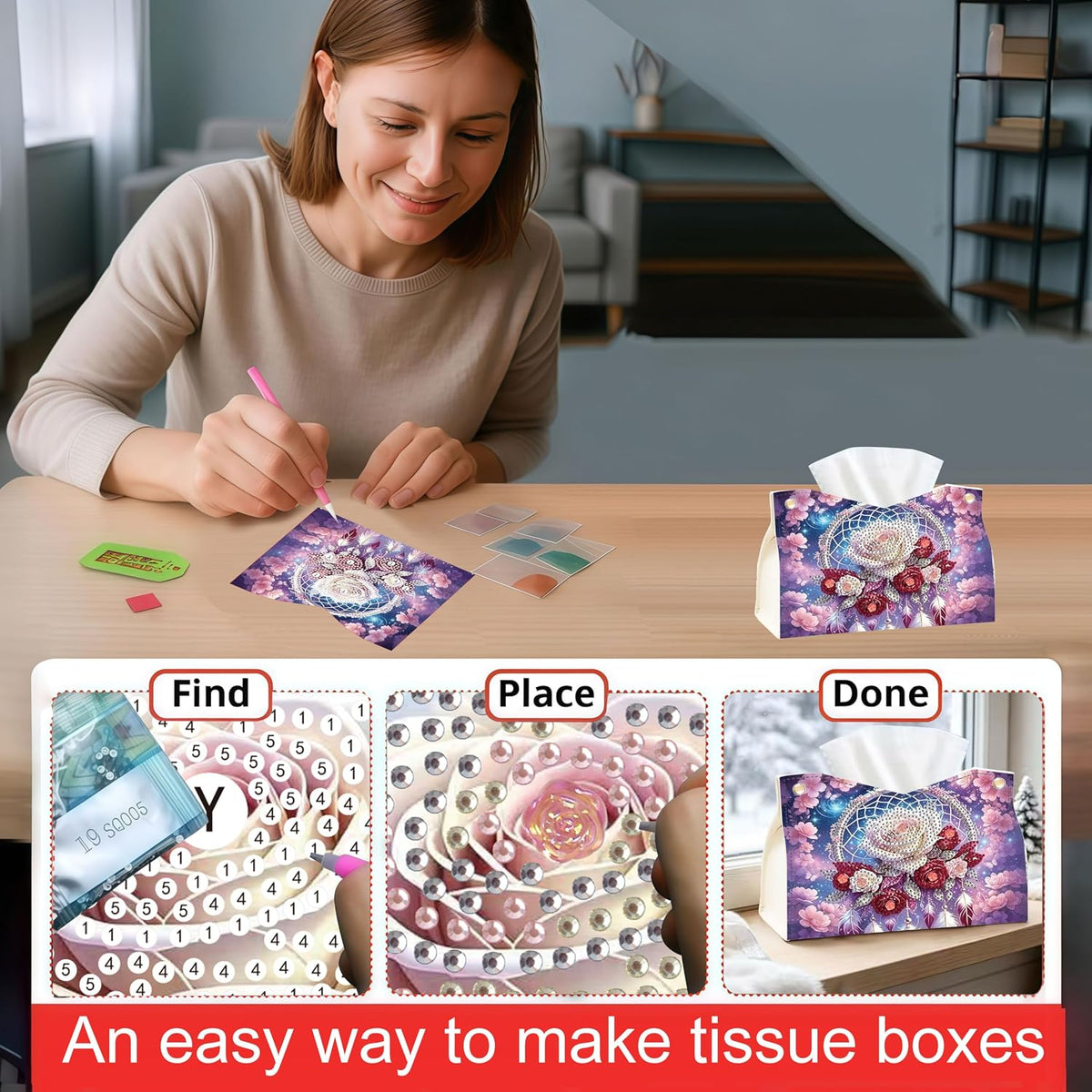 NCMCDZS Diamond Painting Tissue Box Cover,9.44x9.05x6.29in, 1 Pack