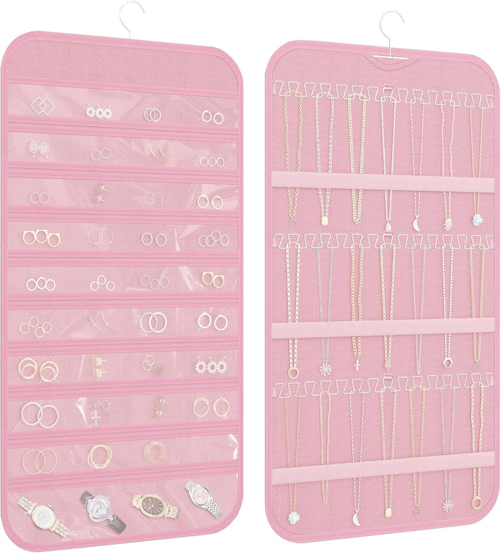 Double-Sided Hanging Jewelry Organizer for Necklaces Earrings, 2-Pack, Pink