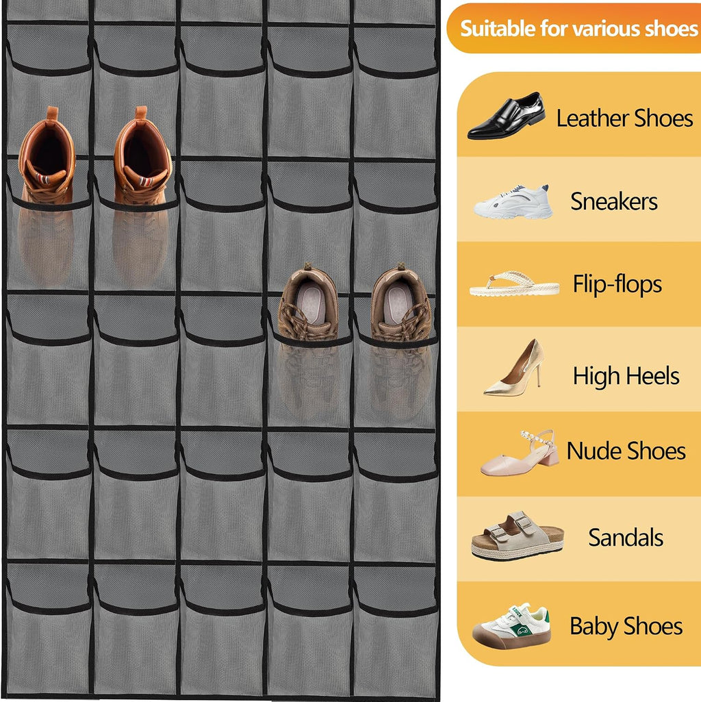 Over the Door Shoe Organizer, 40 Large Mesh Pockets Hanging Shoe Rack Organizer for Closet Behind The Door Storage Holder for Entryway Bedroom Dorm Gray