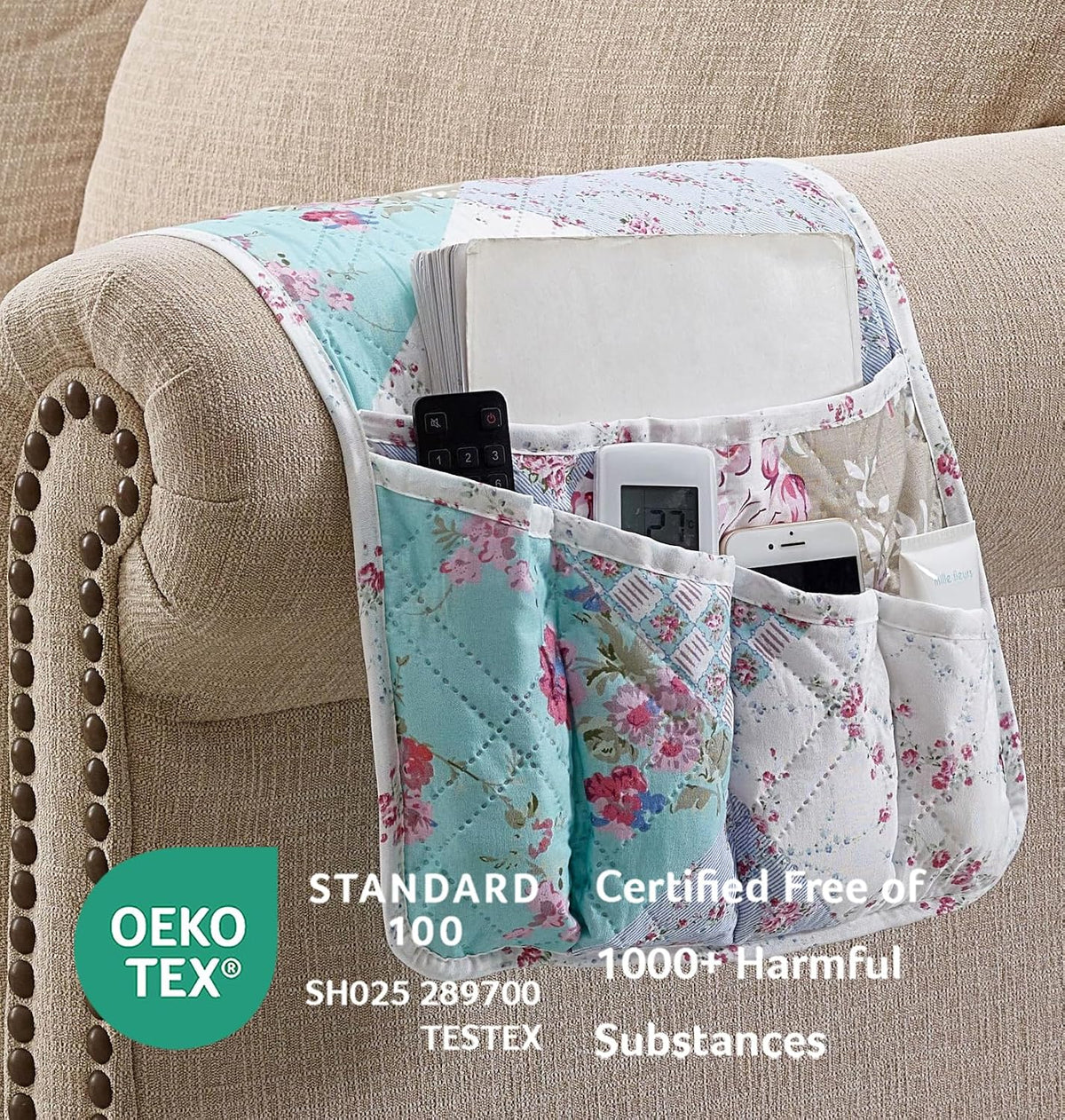 Brilliant Sunshine Blue & Green Roses Couch Armrest Organizer, 35"×13"