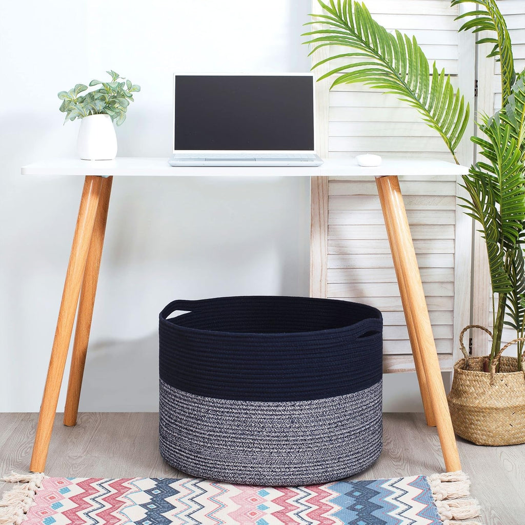MINTWOOD Design Extra Large 22 x 14 Inches Blanket Storage Basket, Laundry Basket, Decorative Woven Cotton Rope Baskets for Blanket Storage Living Room, Dog Toy Storage Basket Bin, Navy Blue