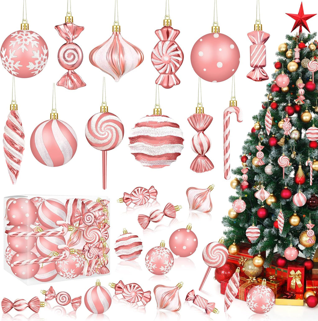 48Pcs Christmas Ornaments Candy Lollipop Set Rose Gold for Xmas Tree Decor