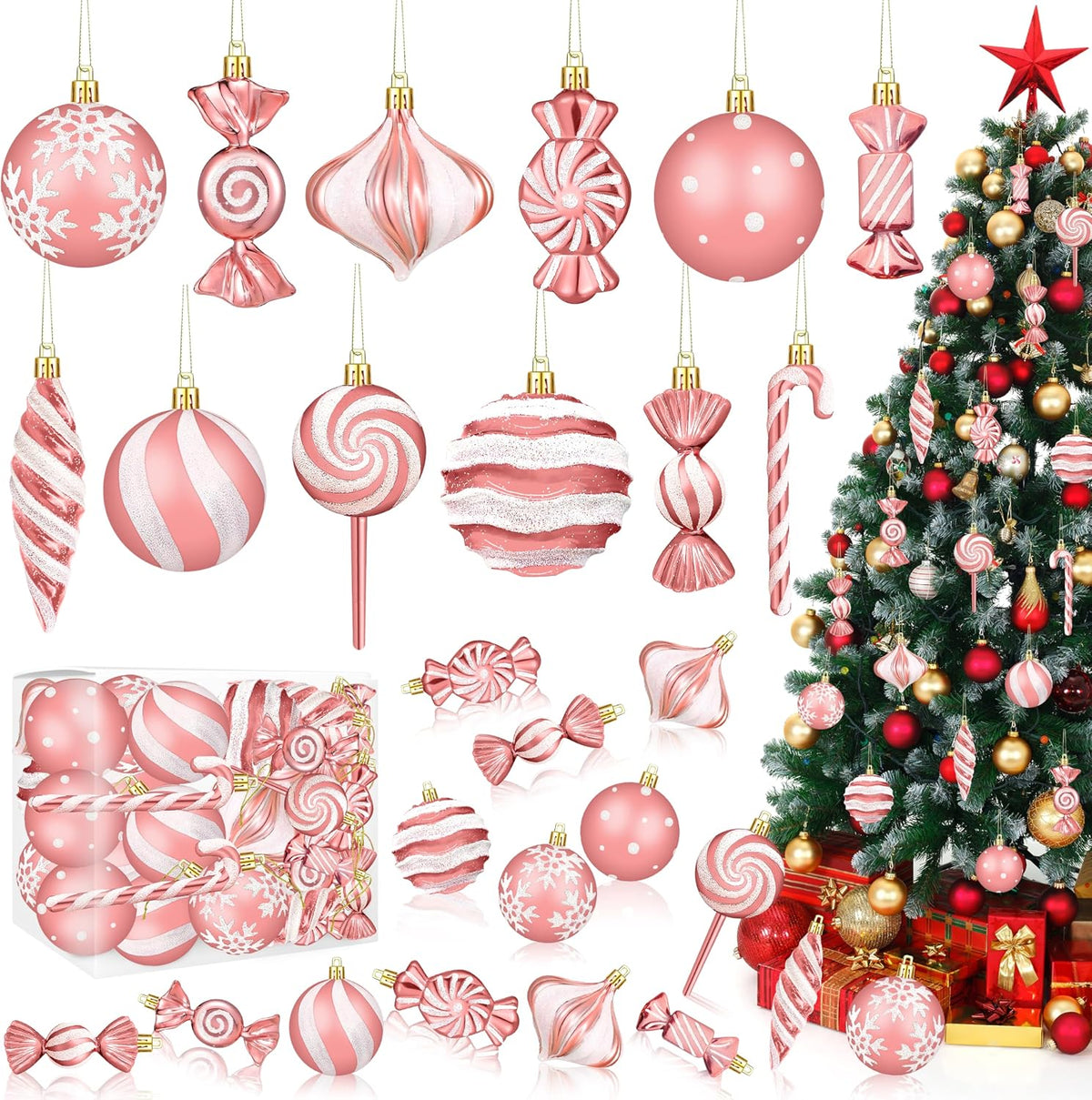 48Pcs Christmas Ornaments Candy Lollipop Set Rose Gold for Xmas Tree Decor