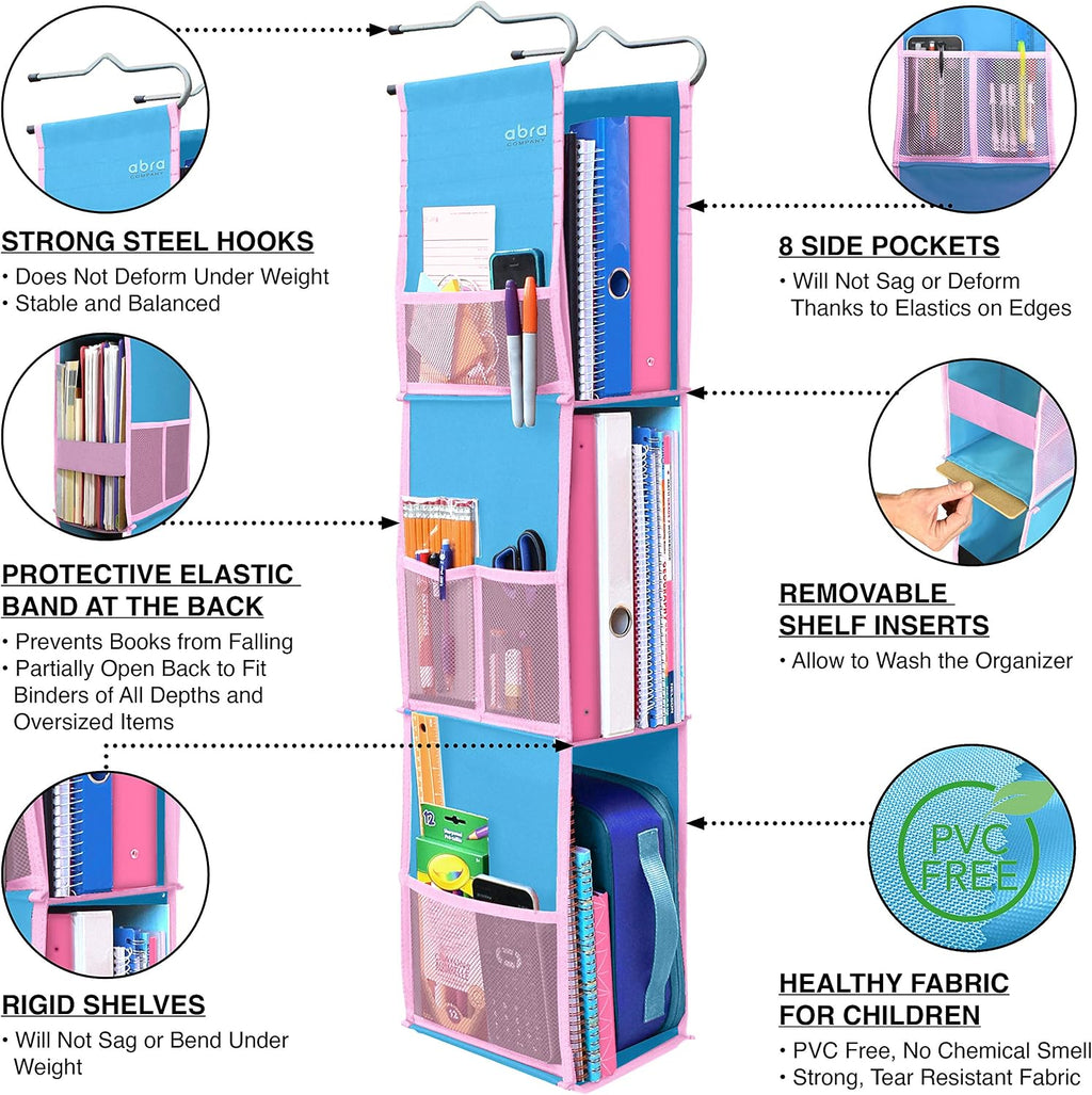 ABRA® 3 Shelf Hanging Locker Organizer for School, Work, Gym, Storage | Deep Shelves 6.5”x 9”| Eco-Friendly Fabric Healthy for Children | Adjustable School Locker Shelf from 3 to 2 Shelves (Blue/Pink)