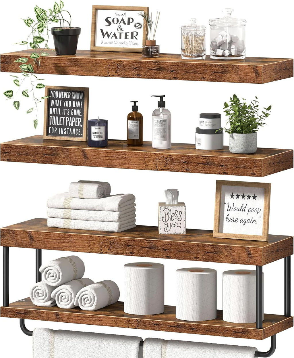 QEEIG Long Bathroom Floating Shelves Over Toilet (Brown, Set of 3, 23.6")
