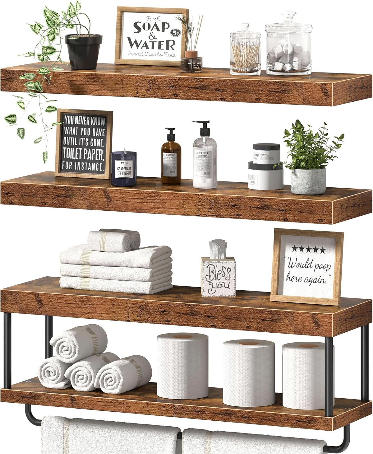 QEEIG Long Bathroom Floating Shelves Over Toilet (Brown, Set of 3, 23.6")