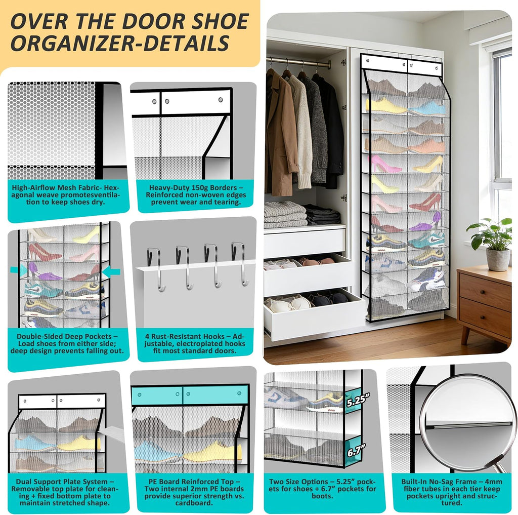 Kotkn 24-Pair Over Door Shoe Organizer for Family & Kids, Double Sided | Hanging Storage for Sneakers, Boots, Toys & Room Organization-Pearl White