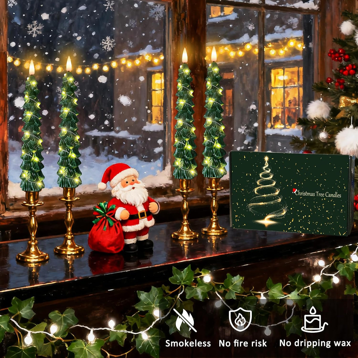 4Pcs Christmas Tree Taper Candles, Flameless Christmas Tree Candles with Remote, LED Battery Operated Candle with String Lights, 3D Flickering Candlesticks for Home Dinner Christmas Decorations