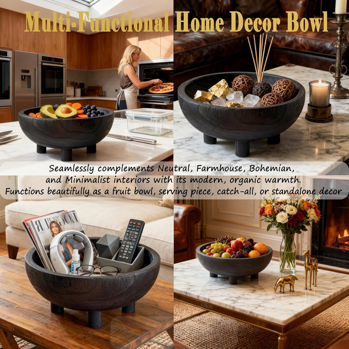 Premium 11" Large Charred Black Wooden Bowl Coffee Table Decor,Dining Decor Centerpiece-Fruit,Snack,Serving Bowl for Kitchen Counter,Farmhouse&Home Decor,Wedding Display-Housewarming Gift