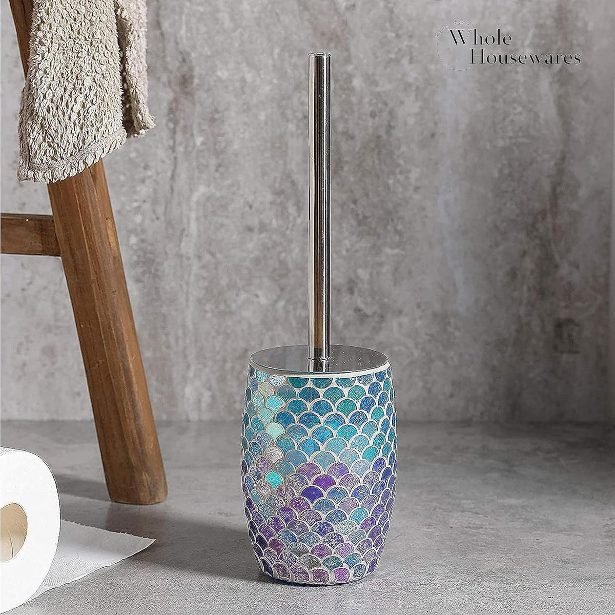 WHOLE HOUSEWARES | Modern Toilet Brush Set | Toilet Bowl Brush and Holder | Bathroom Accessory Set | Toilet Brushes for Bathroom | Freestanding Mosaic Toilet Bowl Cleaner (Mermaid)