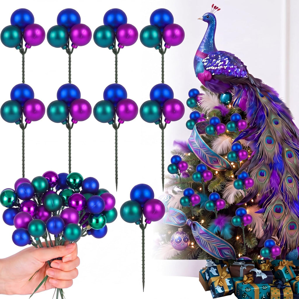 Syhood 12 Sets 7.9 Inch Christmas Peacock Ball Picks, Purple Blue Teal