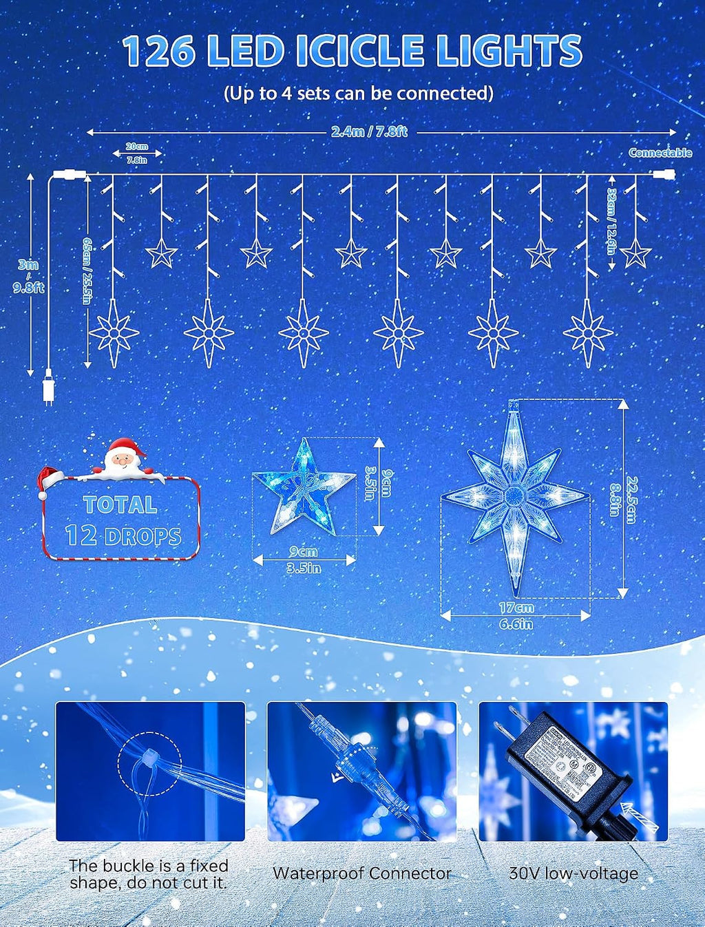 Star Icicle Lights Outdoor,126 Led 12 Star Hanging String Light