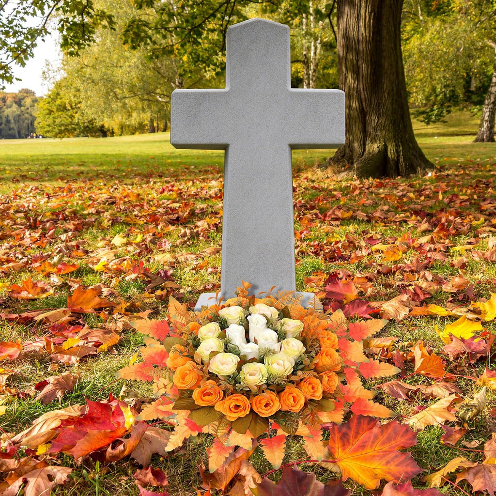 Lodou Artificial Cemetery Flowers,Silk Memorial Cake for Cemetery,Artificial Flower Centrepieces for Tables,Artificial Rose Graveyard Memorial Flowers for Headstones Decoration (Autumn Yellow)