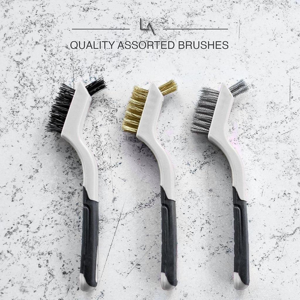 Lavaxon Wire Brush Set 3Pcs - Nylon/Brass/Stainless Steel Bristles with Curved Handle Grip for Rust, Dirt & Paint Scrubbing with Deep Cleaning – 7 Inches (Grey)