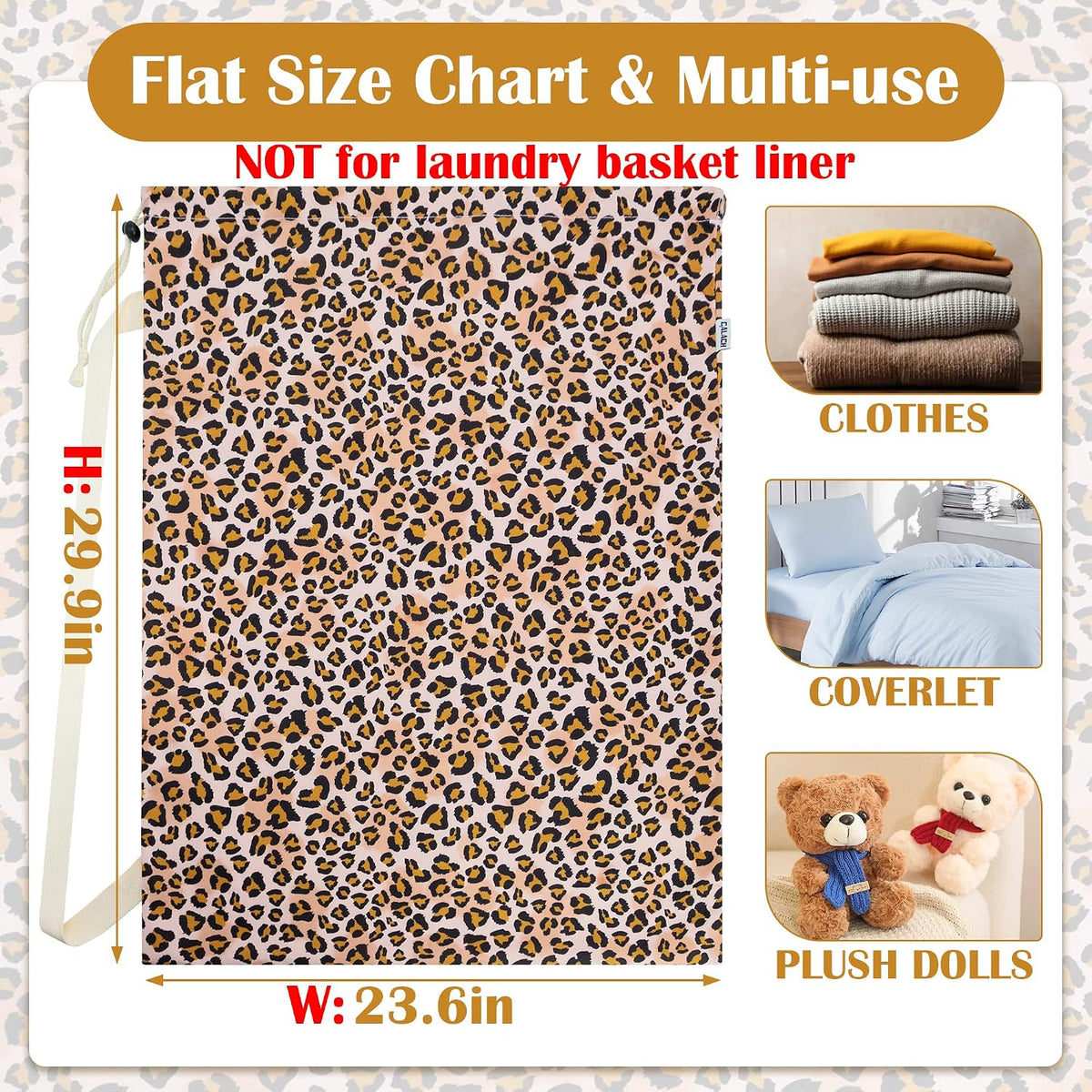 Canvas Laundry Bag with Shoulder Strap & Drawstring, Leopard, 23"W x 29"H