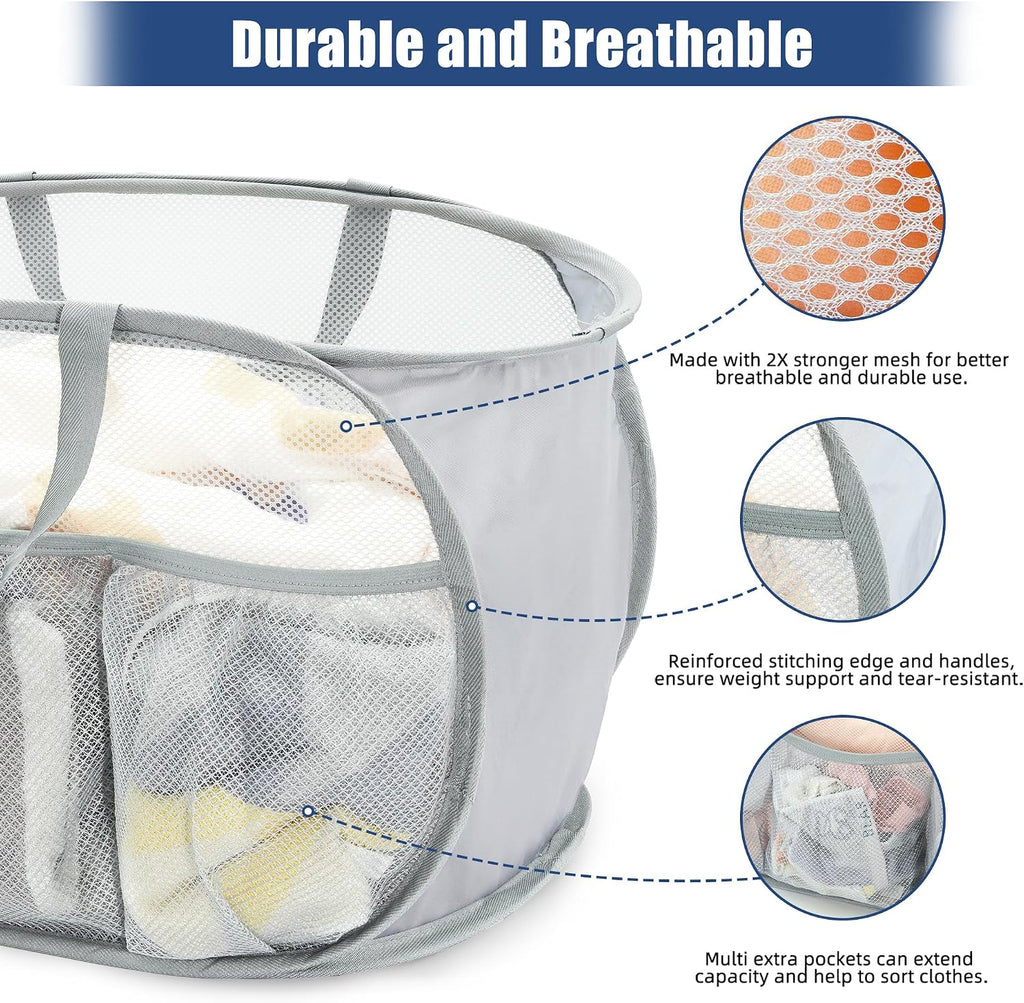 Collapsible Laundry Baskets, Upgrade Pop Up Laundry Hamper with Convenient Bags, Foldable Laundry Basket Mesh Light Weight, Easy to Carry Clothes Hampers for Laundry, Dorm, Toys, Travel Grey