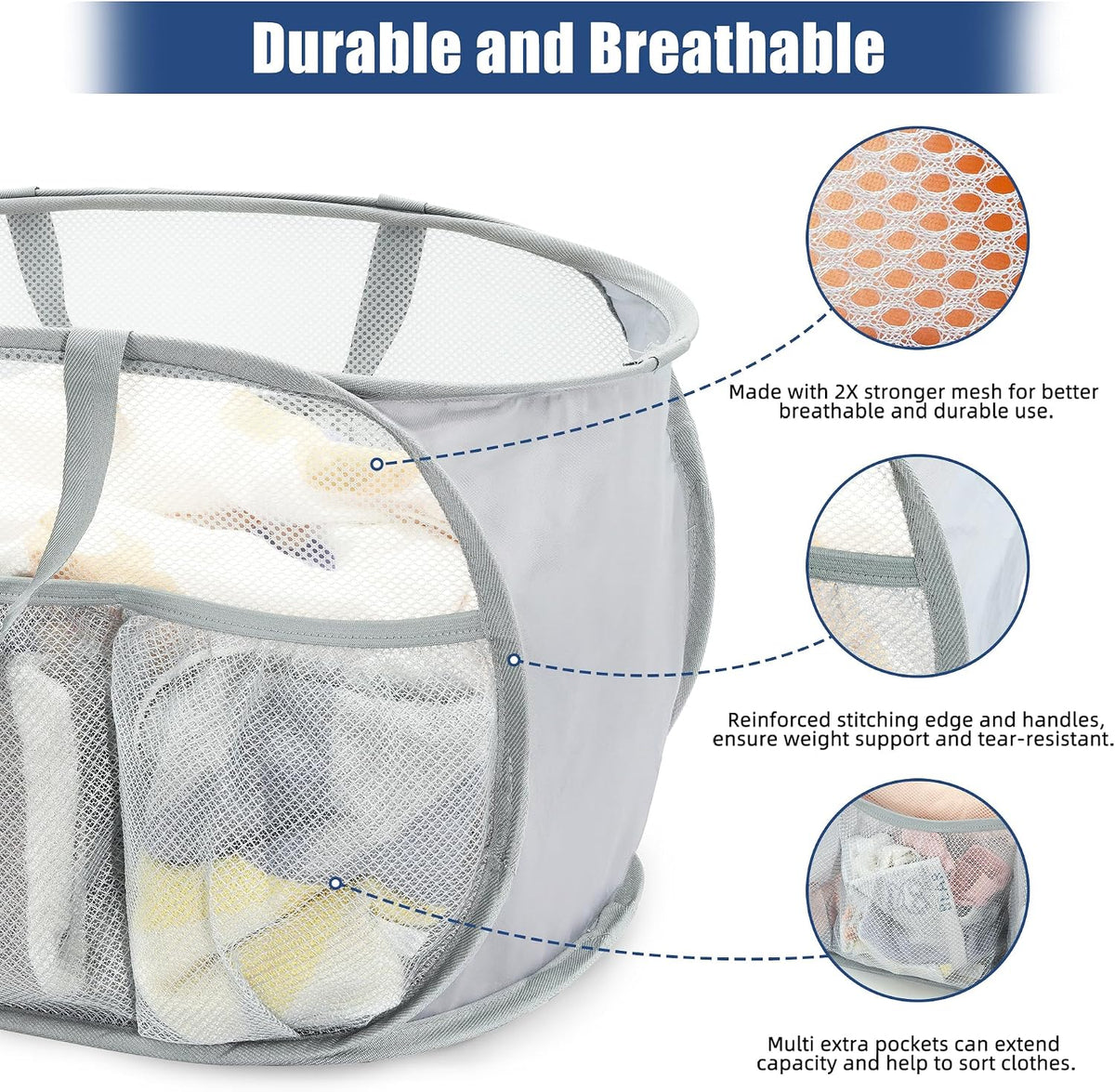 Collapsible Laundry Baskets, Upgrade Pop Up Laundry Hamper with Convenient Bags, Foldable Laundry Basket Mesh Light Weight, Easy to Carry Clothes Hampers for Laundry, Dorm, Toys, Travel Grey