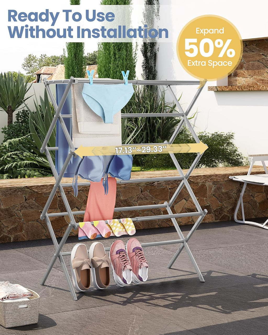 APEXCHASER Oversize 3-Tier Clothes Drying Rack, No Assembly, Grey