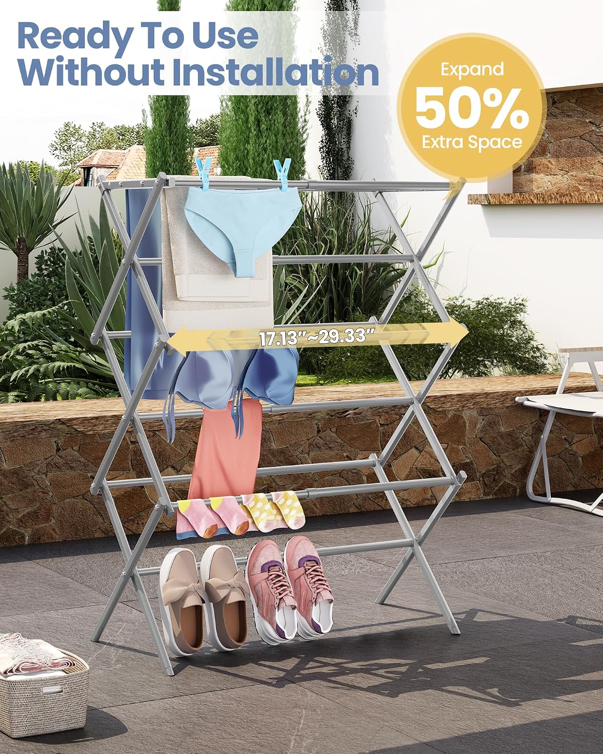 APEXCHASER Oversize 3-Tier Clothes Drying Rack, No Assembly, Grey