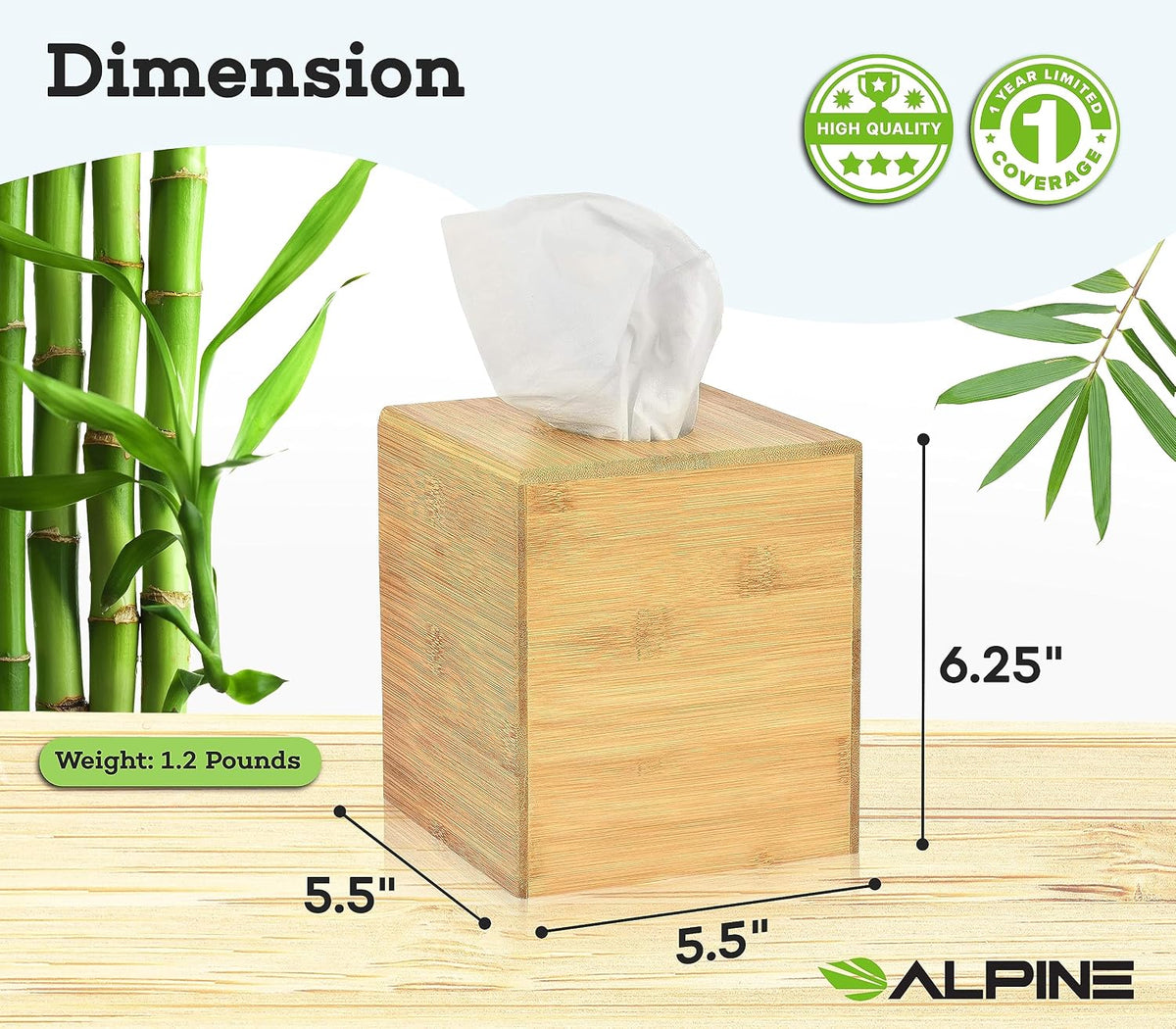 Alpine Industries Wooden Bamboo Square Tissue Box Cover - Eco Friendly Pull Cube Dispenser - Decorative Holder/Organizer for Bathroom, Office Desk & Car (Bamboo),405-BMB