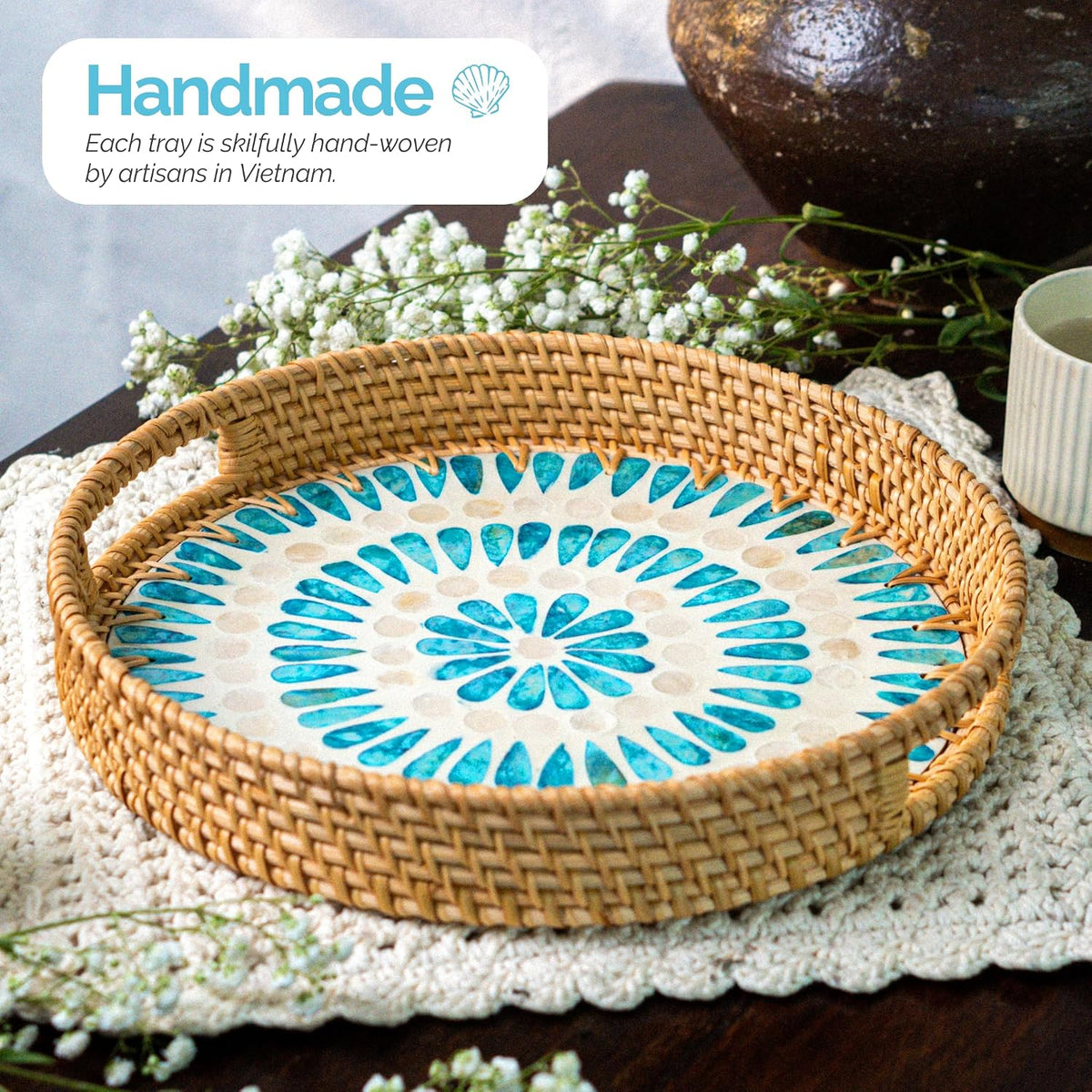 JUNGLE CULTURE Round Rattan Tray with Mother of Pearl Inlay • Ripple 14"