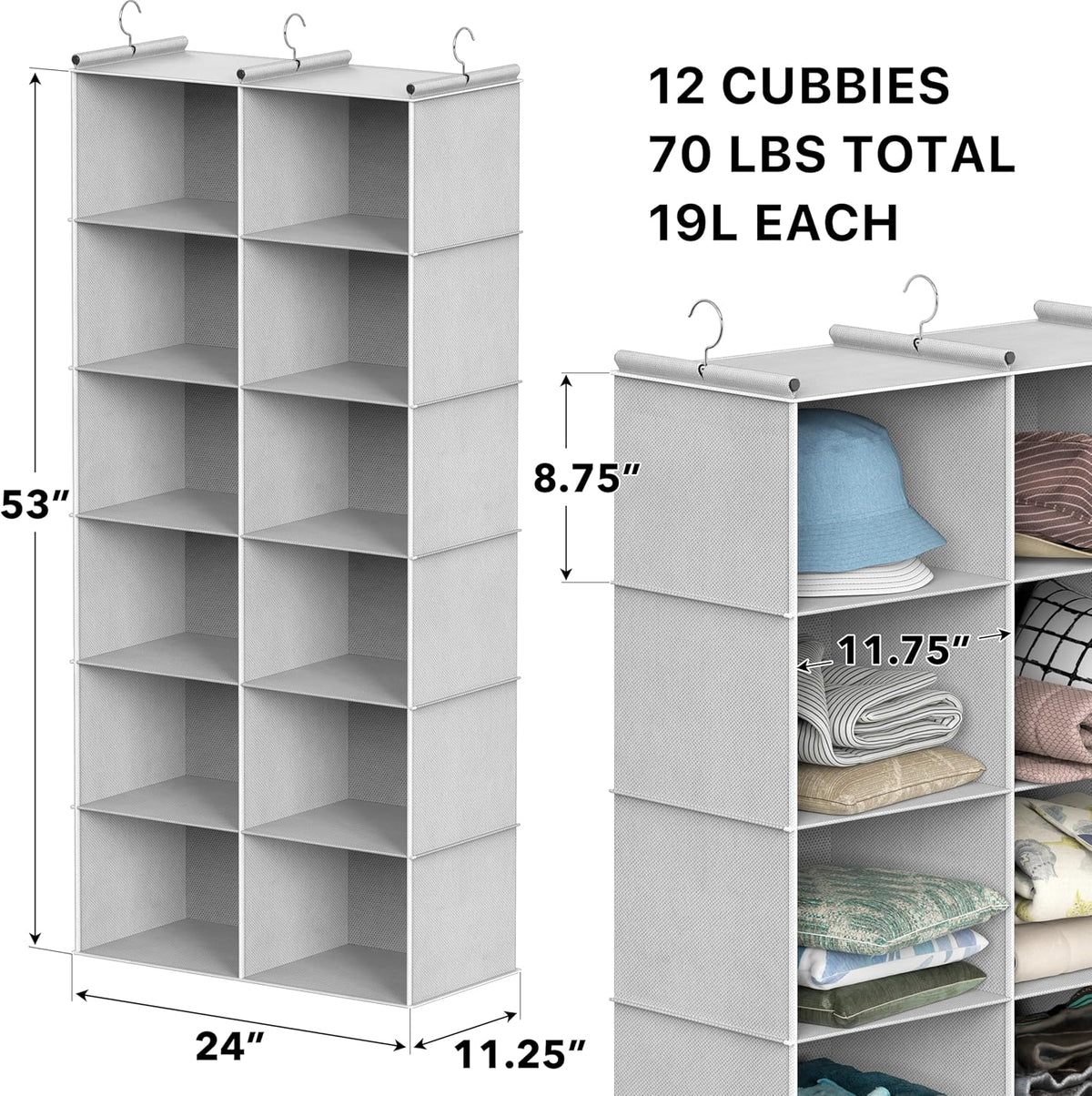 Simple Houseware 6 Shelf Double-Wide Hanging Closet Organizer, Gray