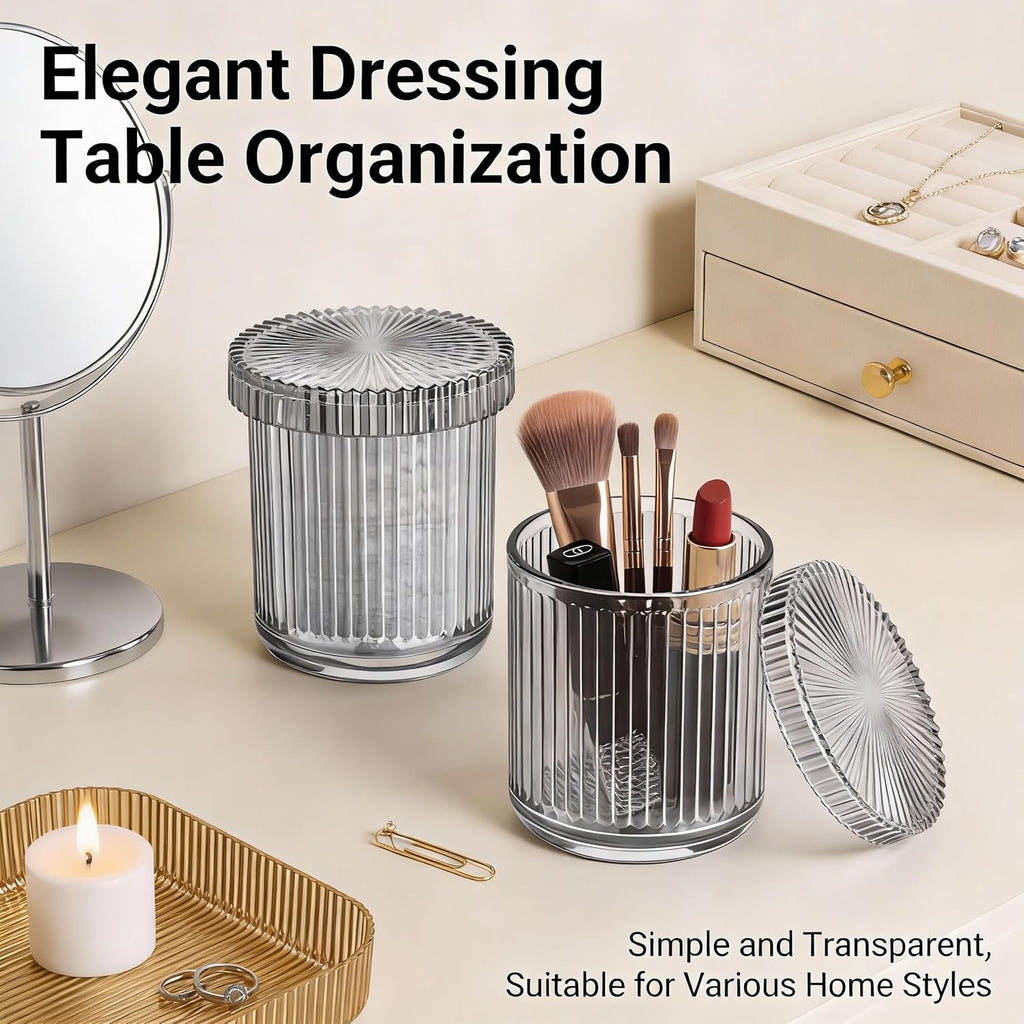 2‑Pack Gray Ribbed Glass Qtip Holder, Vanity & Bathroom Makeup Storage