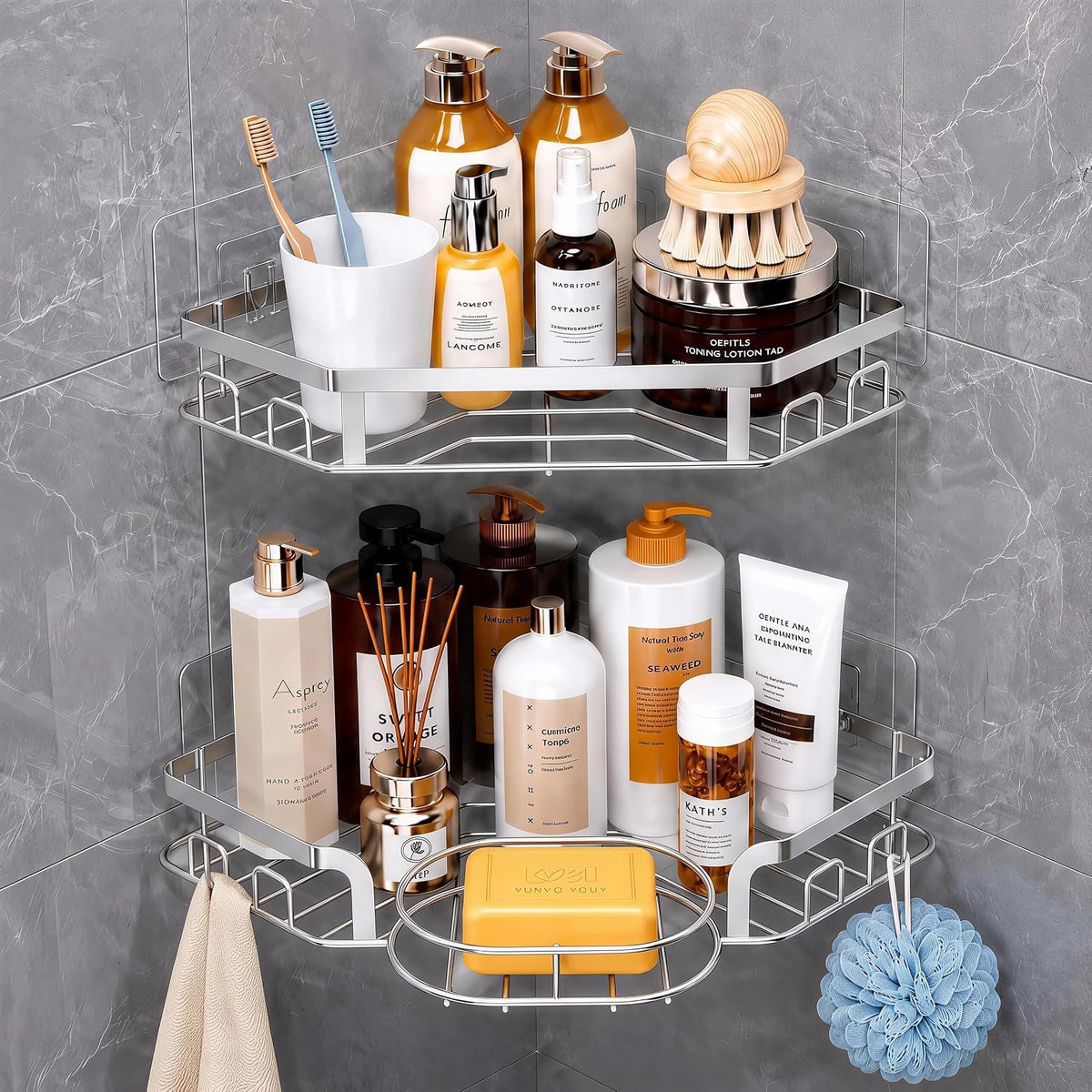 Corner Shower Caddy, Rustproof Shower Organizer with Soap Holder and 8 Hooks, No Drilling Adhesive Shower Shelves for Inside Shower, Large Capacity Shower Rack for Bathroom Shower Storage, Sliver