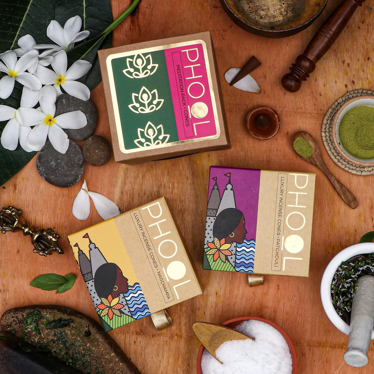 Pack of 2 Natural Incense Cones,Phool Meditation Pack(80 Organic Cones |2 Fragrances:Nagchampa & Patchouli)+1 Free Ceramic Holder |Handrolled |Sulpher & Charcoal Free |100% Organic & Natural 500 GMS