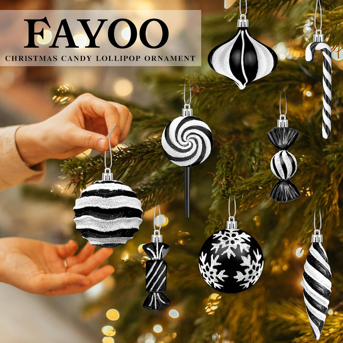 48pcs Candy Christmas Ornaments Set, Hanging Black Christmas Tree Decor