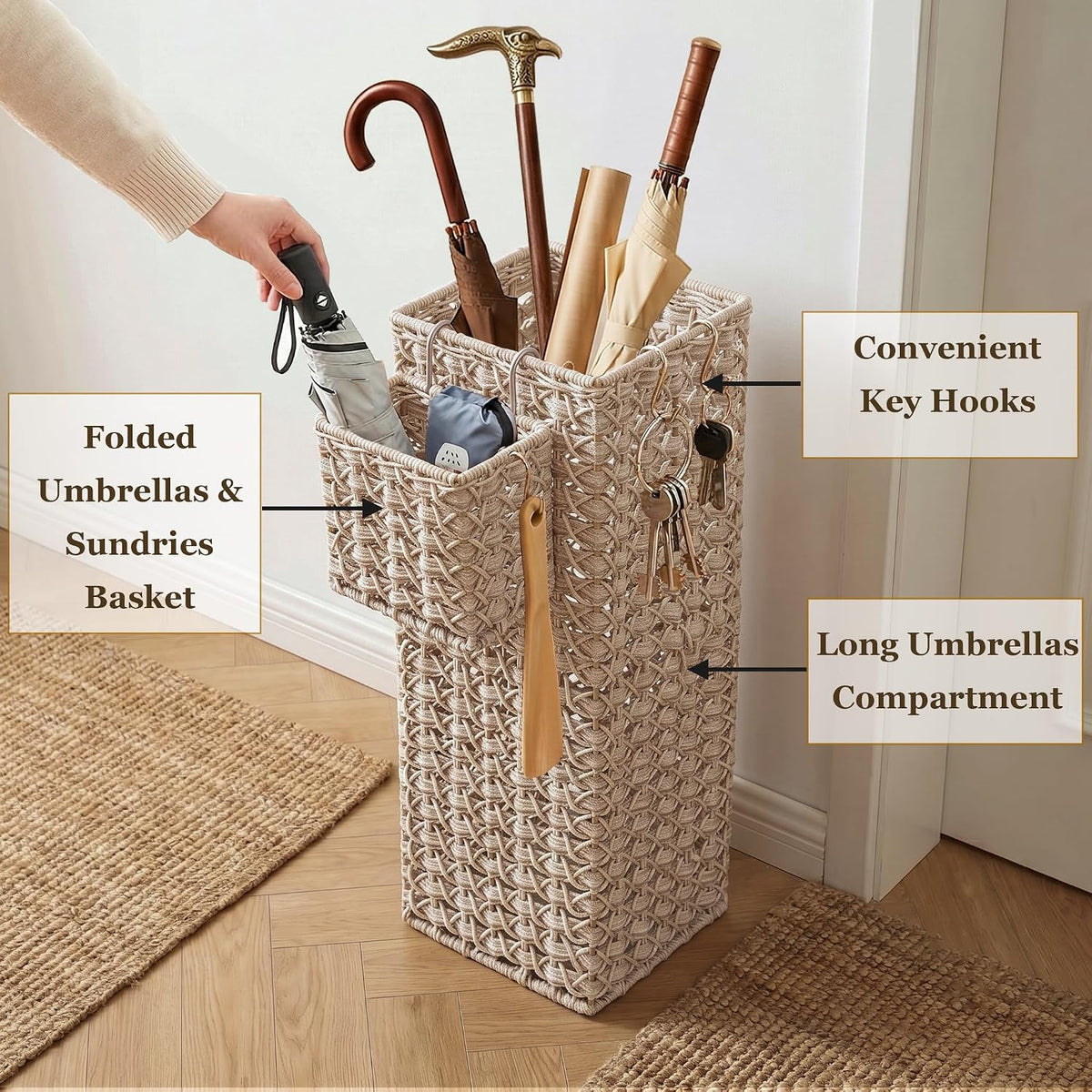 Square Wicker Umbrella Stand, Handwoven PE Rattan with Side Basket