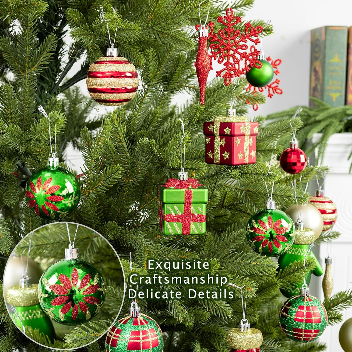 58pcs Classic Christmas Balls Ornaments Set, Red Green Gold Tree Hanging