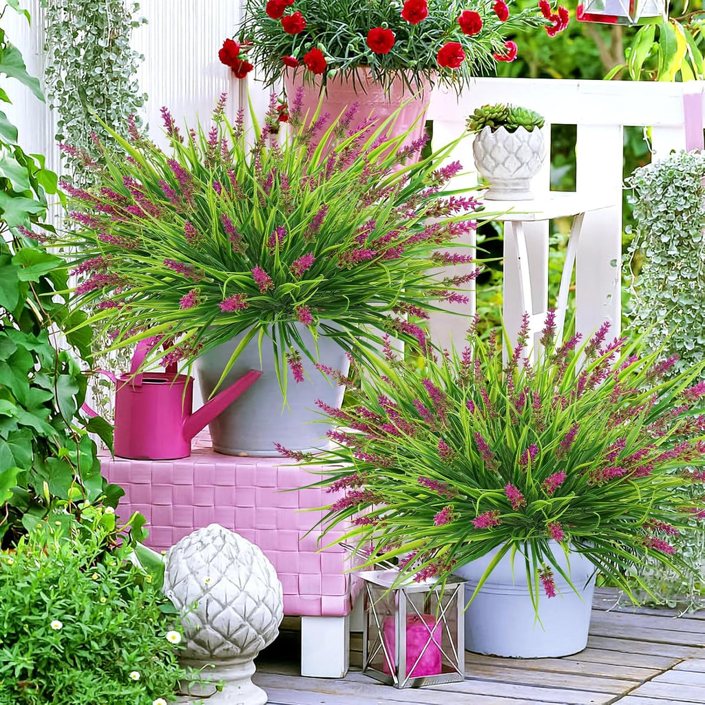 obbsie 36 Bundles Artificial Plants Outdoor, 18.2" UV Resistant Faux Monkey Grass Greenery Stems No Fade Faux Plastic Flowers Shrubs for Home Weddings Garden Porch Front Patio Office Decor - Rose Red