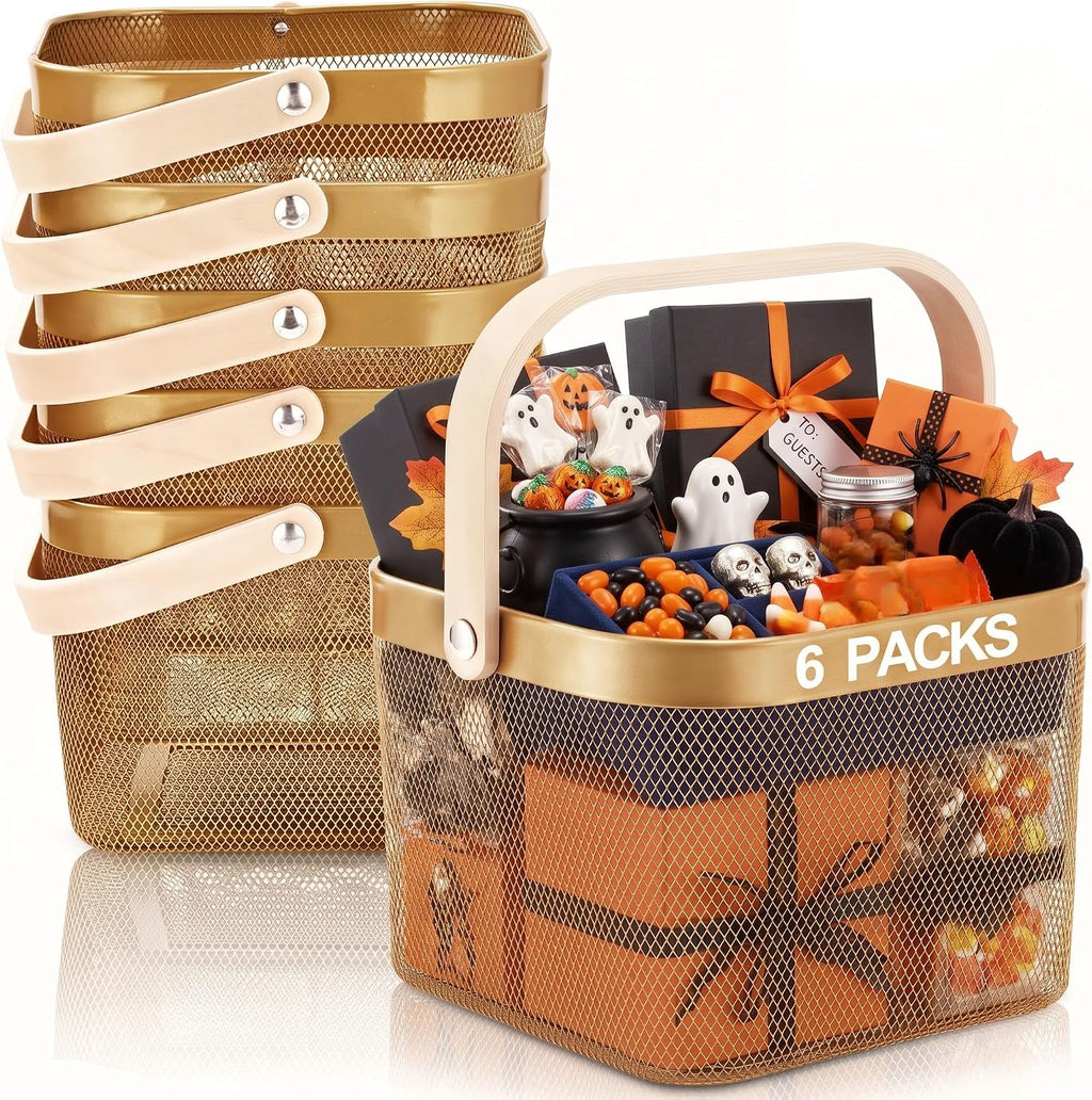 Roshtia 6 Pcs Metal Mesh Basket with Handle, Fall Halloween Garden Basket