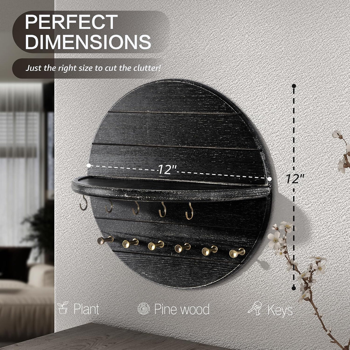 Rebee Vision Round Key Holder Wall Mount for Keys & Sunglasses, Old Black