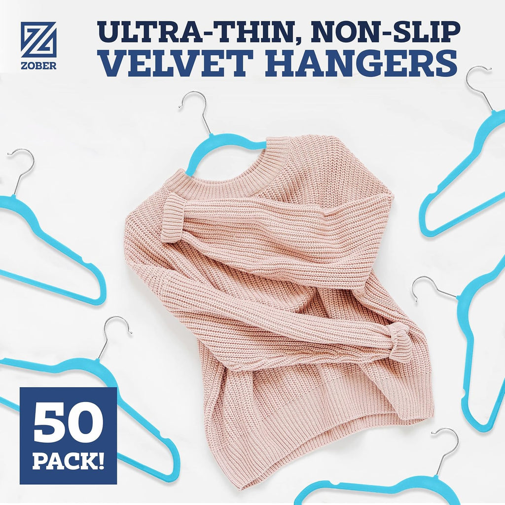 Zober Turquoise Velvet Hangers 50 Pack, Slim Non Slip Clothes Hangers