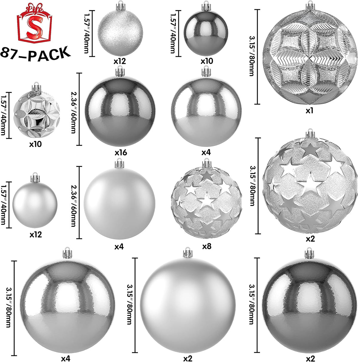 87ct Christmas Ball Ornaments Set Shatterproof Seasonal Hanging Decorations with Reusable Hand-held Gift Package for Xmas Tree Holiday Party and Home Decor, Silver