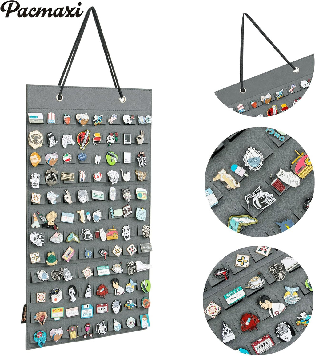 PACMAXI Hanging Brooch Pin Organizer, Display Pins Storage Case, Brooch Collection Storage Holder, Holds Up to 96 Pins.(Not Include Any Accessories) (S-96 Slots, Grey, Small)