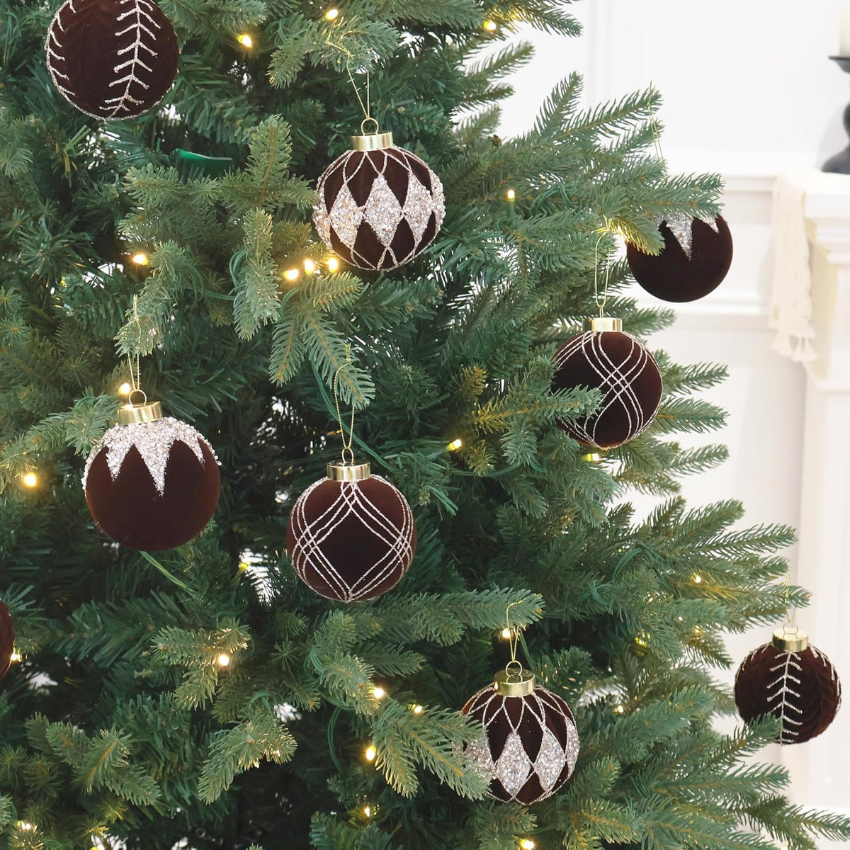 3.15IN Velvet Christmas Ornaments with Glitter, 12pcs Flocked Ornaments Set