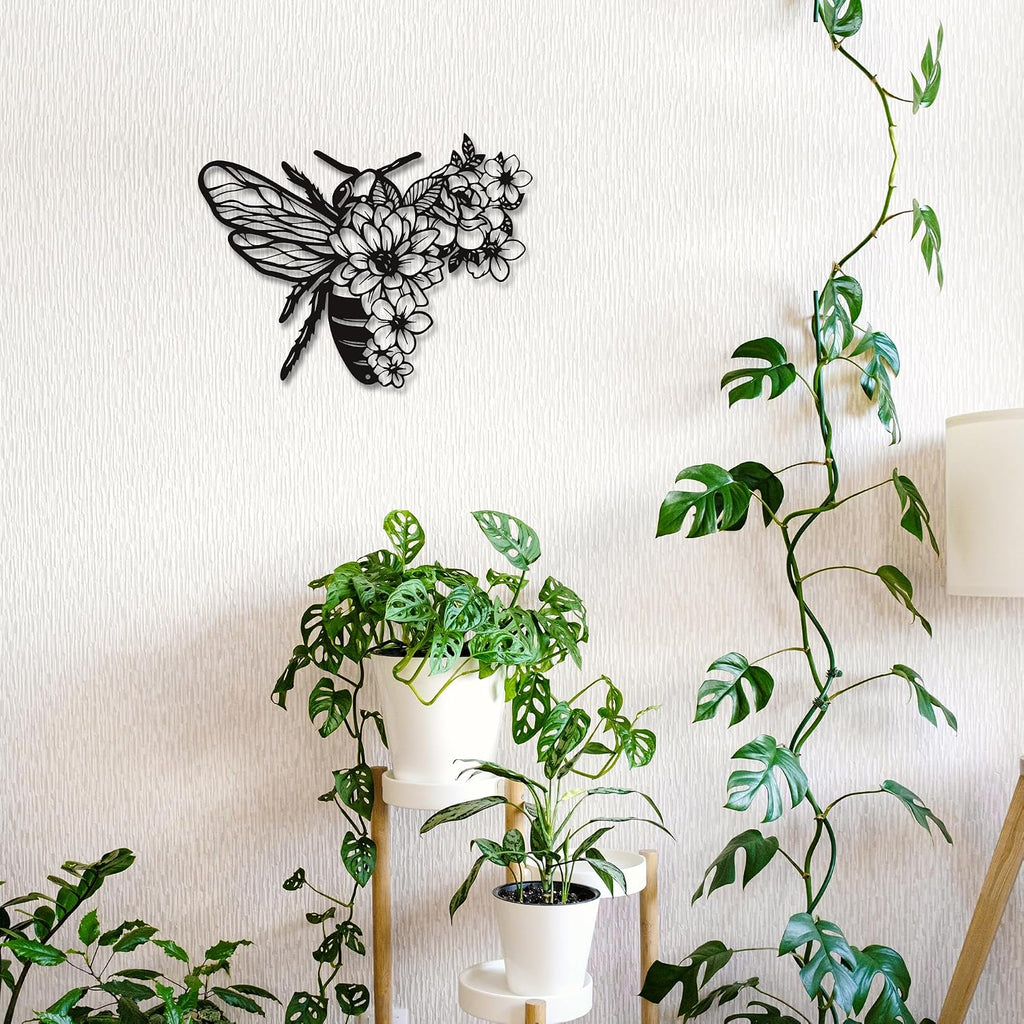 Rajukit Modern Bohemian Bee Flower Metal Wall Art Black