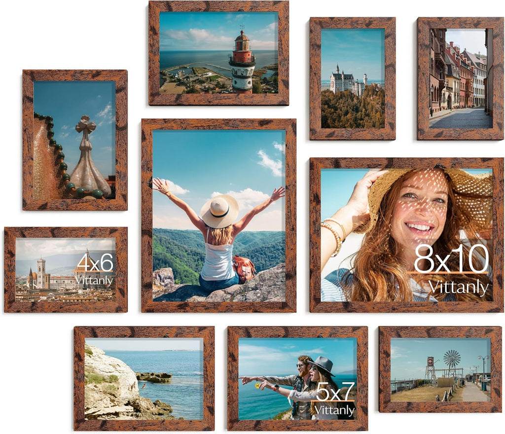 Vittanly 10 Pack Picture Frames Collage Wall Decor, Rustic Brown