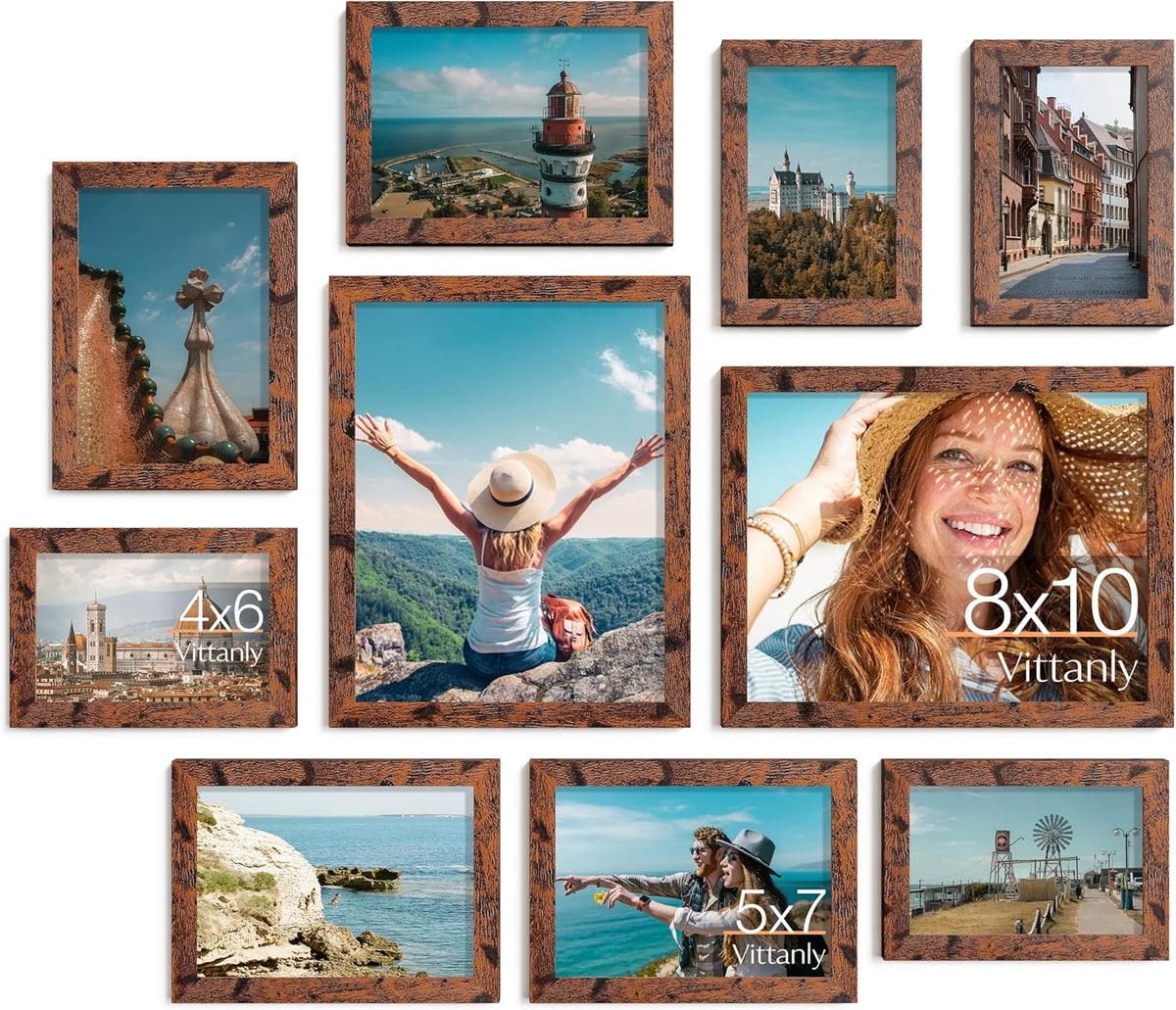 Vittanly 10 Pack Picture Frames Collage Wall Decor, Rustic Brown