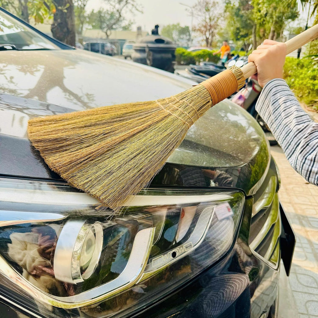 Vietnamese Natural Whisk Broom - Straw Soft Broom - Long Handle Broomstick for Cleaning, Decoration, Wedding with 45.28 inch Length