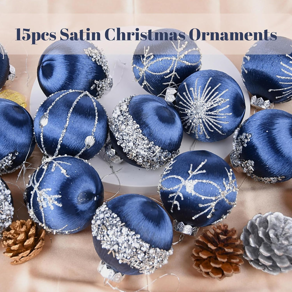 Christmas Balls Navy Blue Ornaments - Pack of 15 Luxury Christmas Tree Decorations Shatterproof - Satin Glitter Xmas Bulbs Set, 80mm 3.15 inch
