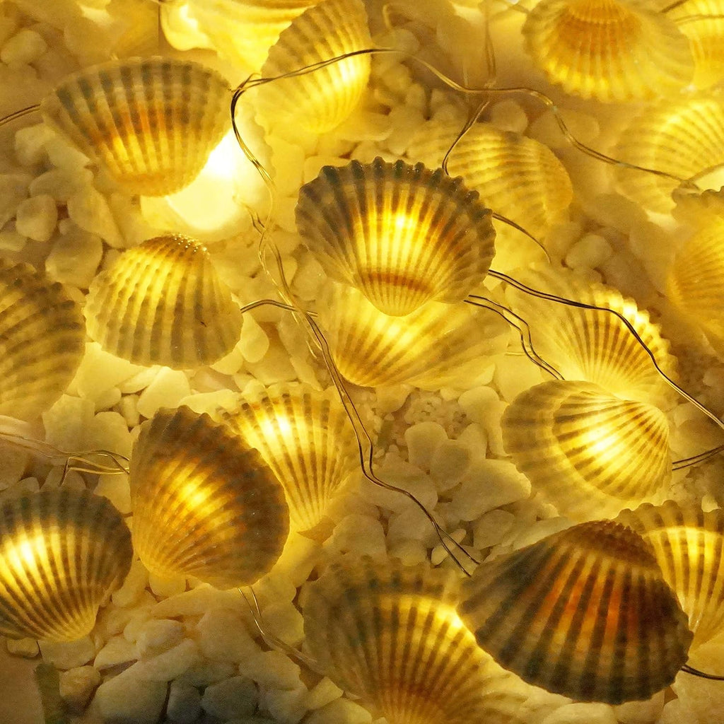 Natural Seashell String Lights 13.2ft 40 LED 8 Modes Warm White Weatherproof Battery Operated Ocean Theme Lights for Bedrooms Parties Weddings Gardens with Remote and Timer (Natural Shell)