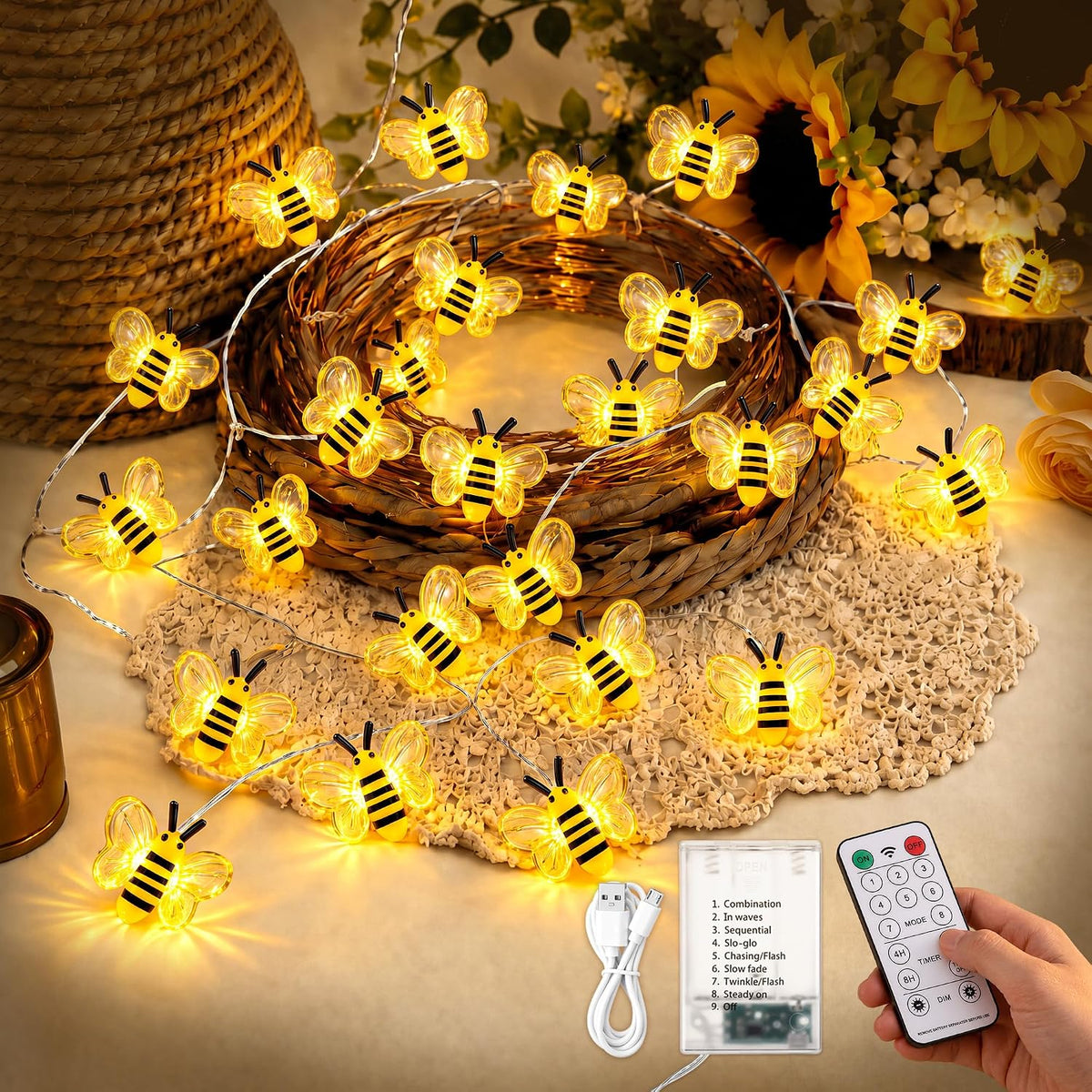 Mudder 1 Pack Honey Bee String Lights, 10FT 30LEDs with 8 Modes & Timer