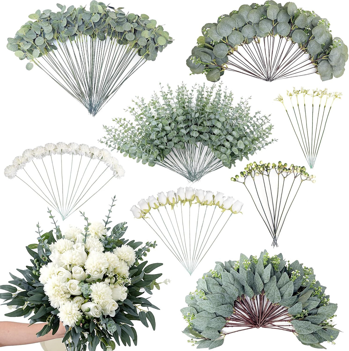 260 Pcs Mixed Eucalyptus Leaves Stems 8 Kinds Artificial Bulk Fake Silver Dollar Eucalyptus Bundle Faux Plants Greenery for DIY Wedding Vase Bouquets Floral Arrangement Engagement Decor （Green）