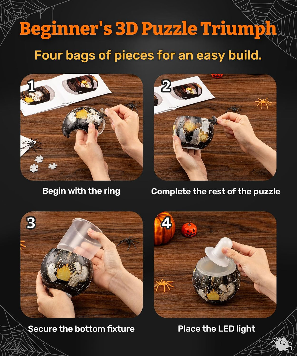 PieceRelax LED 3D Puzzle Candle Light 80 Plastic Pieces – Katherine Blower – Spooky Night Walk - Rechargeable Plastic Pumpkins for Indoor & Outdoor Spooky Decorations [KL1079]